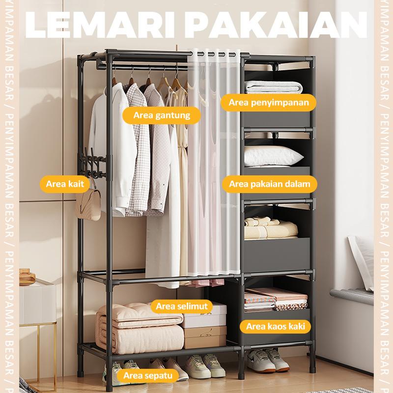 COD Rak Gantungan Pakaian Wardrobe Clothes Storage Rack Stand Hanger Rak Lemari Pakaian Minimalis Rak Penyimpanan Dengan Tirai Laci Portable COD Rak Gantungan Pakaian Wardrobe Clothes Storage Rack Stand Hanger Rak Lemari Pakaian Minimalis Rak Penyimpanan Dengan Tirai Laci Portable