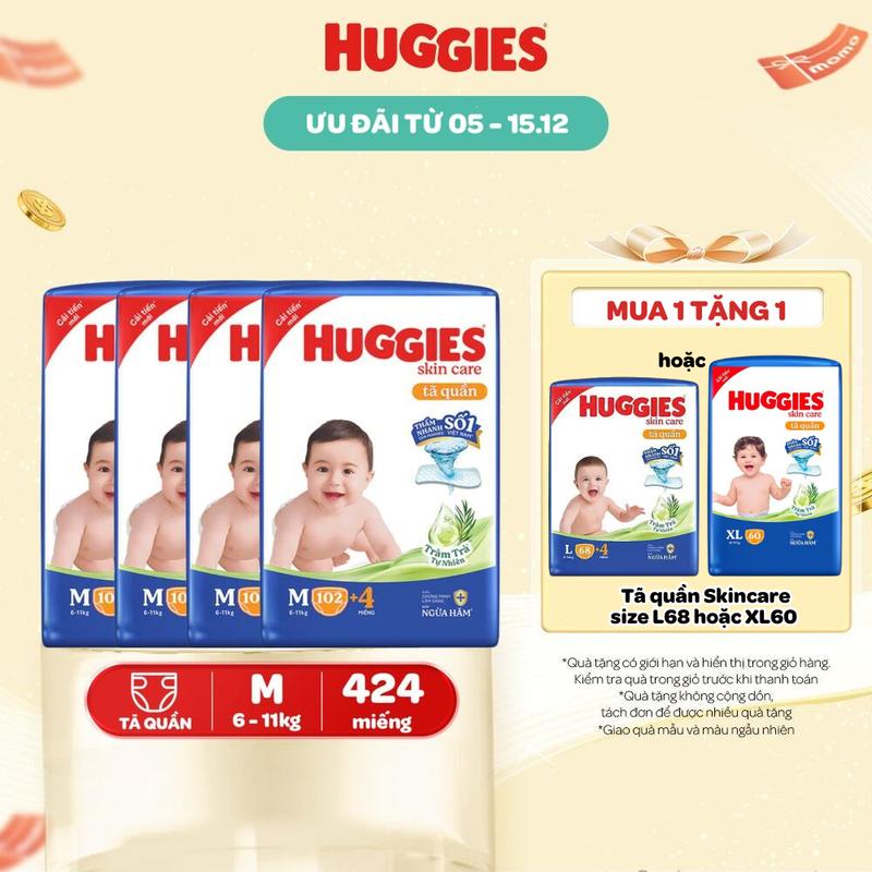 Độc quyền Gift Combo 4 gói Tã quần Huggies Skincare Mega Jumbo Size M106 L96+8 XL84+4 XXL76+4