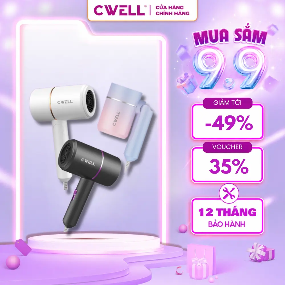 Máy sấy tóc du lịch mini gập gọn CWELL với công nghệ ánh sáng xanh hạn chế hư tóc, công suất 1200W sấy 2 chiều nóng và lạnh, trọng lượng siêu nhẹ cho nam và Nữ C01HD Women - BH 12 THÁNG