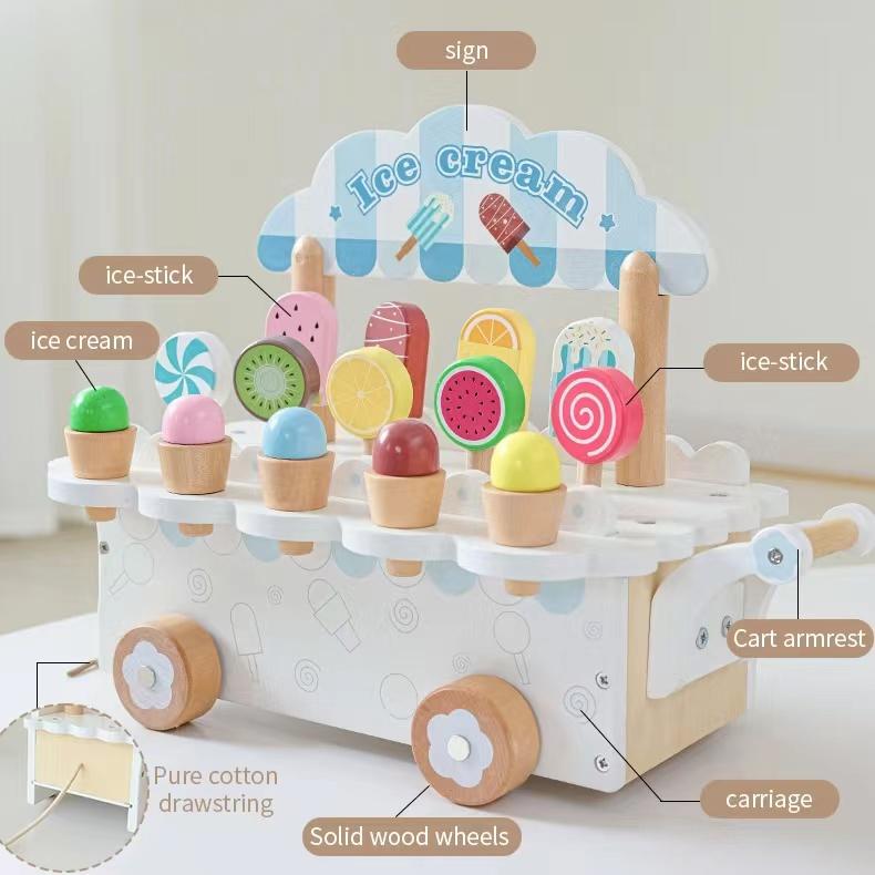 Wooden simulation ice cream cone ice cream machine, boys and girls ice cream cart, children play house toys gifts 4