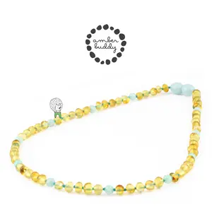 Amber Buddy | JN114 Kalung Anak Baltic Amber Kombinasi Sky Blue Jade. 38cm Junior
