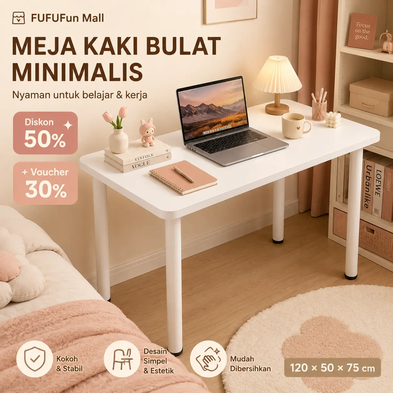 FUFU Meja Modern Serbaguna Kaki Bulat MDF 140cm Ringan Stabil Desain Sederhana untuk Belajar Komputer WFH & Ruang Rumah Versatile Bahan meja kamar aesthetic cewek