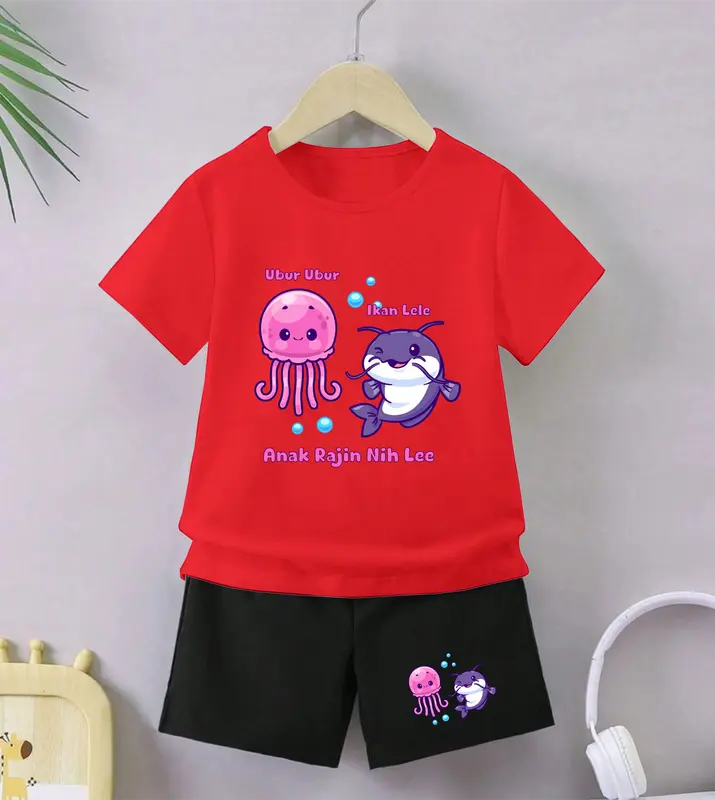 Luwi Kids Setelan Anak Celana Hitam Cewek Cowok Gambar Ubur Ubur Ikan Lele Celana Fashion set Baju 5