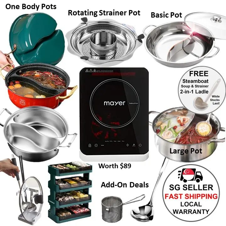 [SG Stock] Woodles Mayer Induction Cooker MMIC312Stainless Steel Yuan Yang Dual Pot Steamboat Hotpot Lid Local Warranty