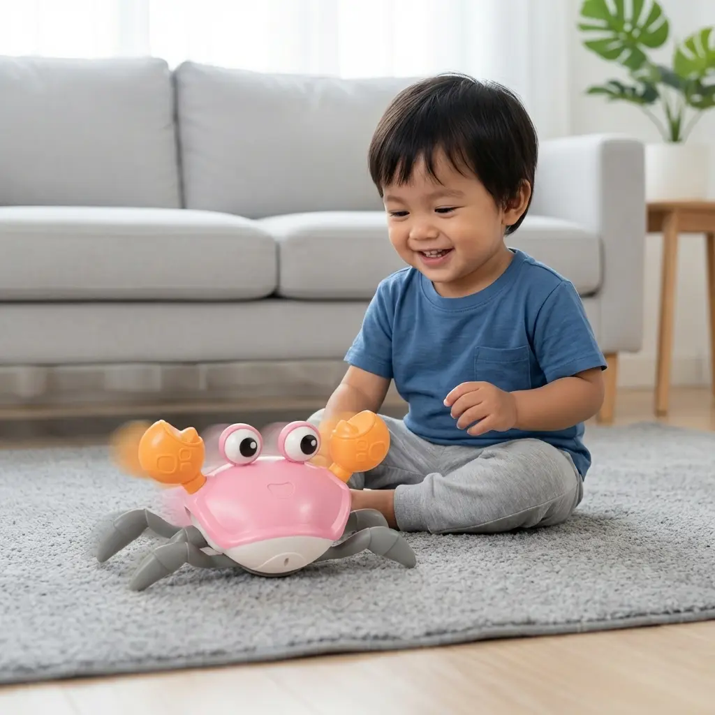Pop baby Mainan Kepiting Musik Bisa Berjalan dengan Sensor Pintar Bergerak Isi Ulang USB Mainan Edukatif Bayi untuk Hiburan dan Pendidikan