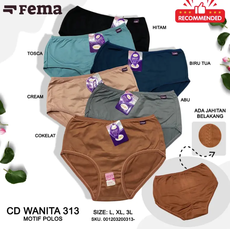 12pcs Celana Dalam CD Wanita Dewasa Remaja Perempuan Fema 313 Motif Polos Lusinan Bahan Katun Murah - ELE0466