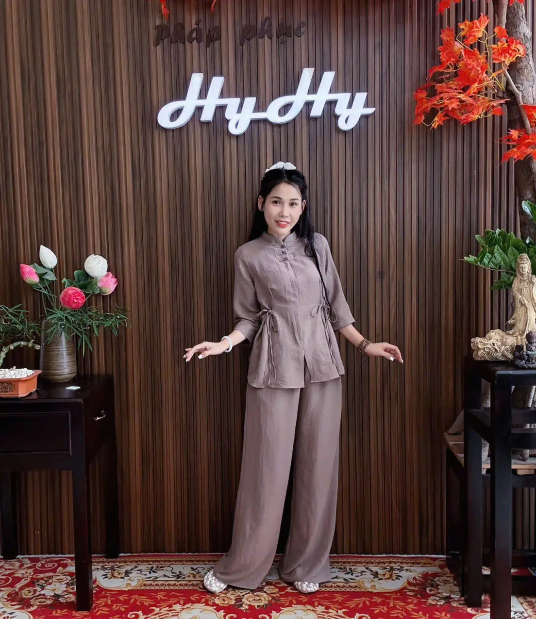 HyHy House - NGUYÊN TỊNH Bộ Pháp Phục Lễ Chùa Nữ Bigsize Cổ Tàu Dây Cột Thanh Lịch
