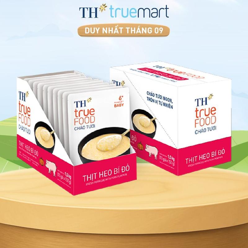 Hộp 10 gói Cháo tươi thịt heo bí đỏ TH true Food 150 g (150 g x10 gói)