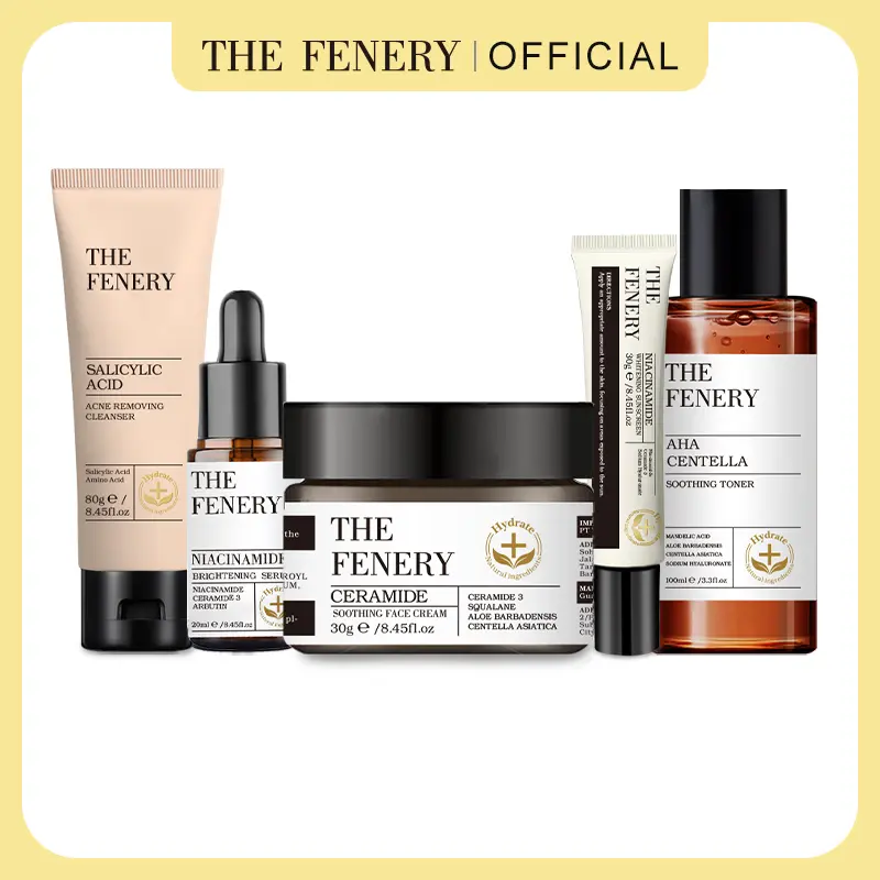 The Fenery AHA Centella Toner & Salicylic Acid Cleanser & Niacinamide Brightening Serum & Niacinamide Whitening Sunscreen & Ceramide Cream - Facial Wash Jerawat Ceramide Moisturizer Wajah Niacinamide Brightening Suncreen Serum Toner Wajah Pencerah