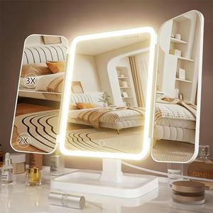 LEDライト付き三つ折りメイクミラー、3色調節可能なランプ、180°／270°回転式ドレッサーミラー、800mAh充電式バッテリー