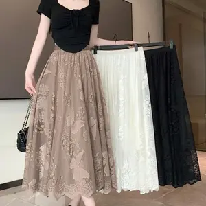 Perempuan Pinggang Tinggi Wanita Gaun Terusan A-line Renda Lace Tampak Langsing Fashion Skirt