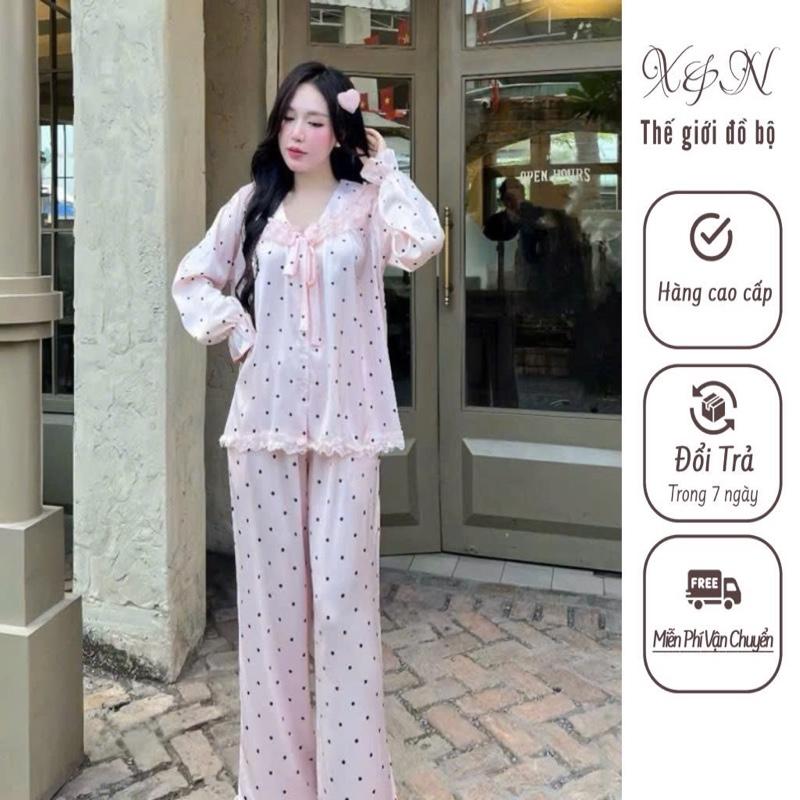 Bộ ngủ lụa tiểu thư cổ tim phối ren mặc nhà sz từ 40-76kg