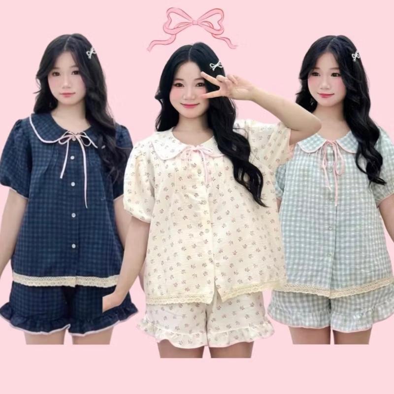 Xả kho hè Bộ ngủ nữ tiểu thư cổ sen vải đũi bông mây mùa hè mặc đi ngủ mát mẻ thoải mái Women Quần Ngủ Áo Ngủ Cotton