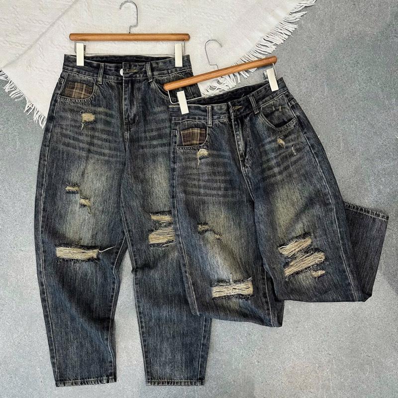 3589 BIGGSIZE Quần baggy nữ cạp cao không dãn quần jeans dáng thụng tạo kiểu túi kẻ cao cấp