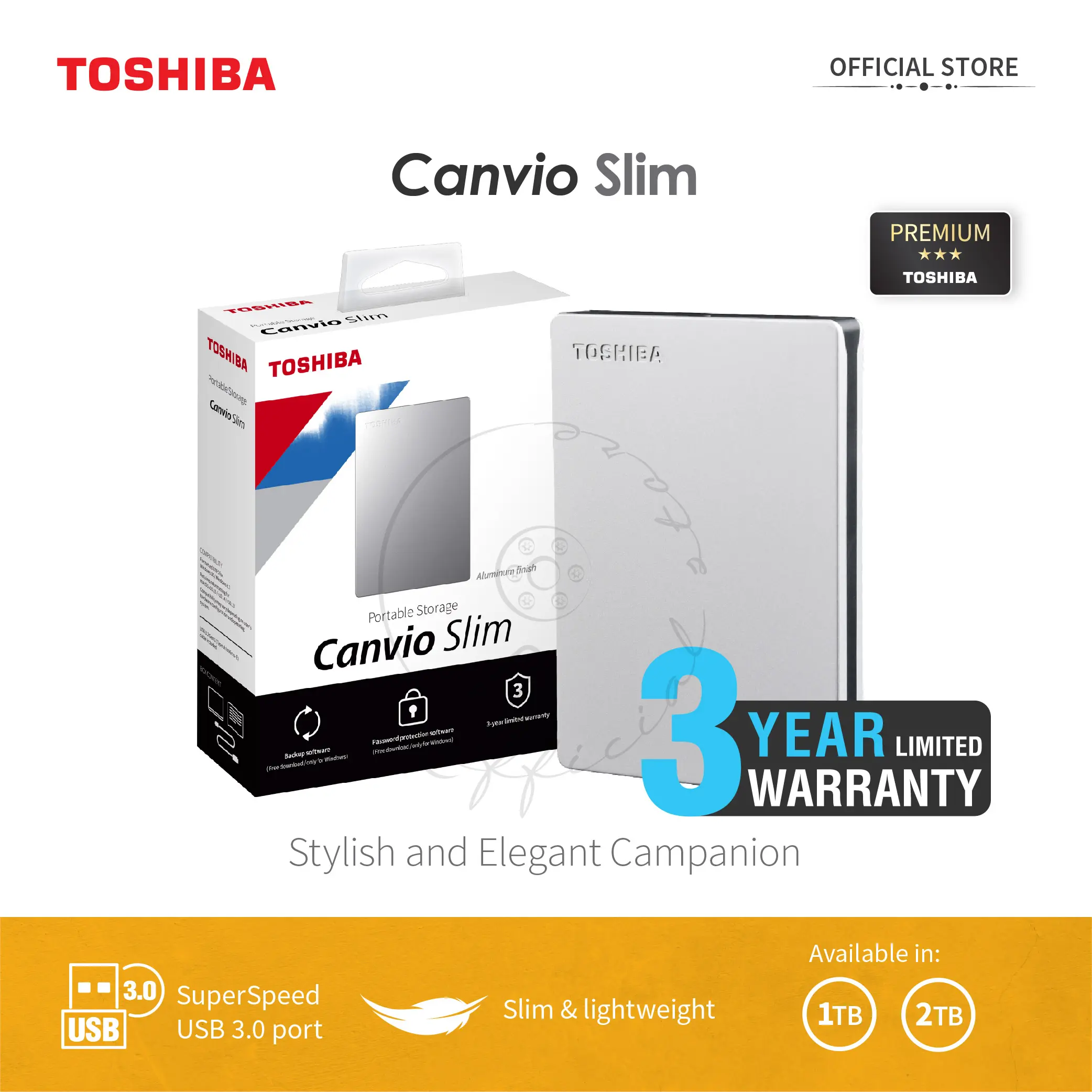 Toshiba Canvio Slim (Gen 3) Portable Hard Drive 1TB/2TB