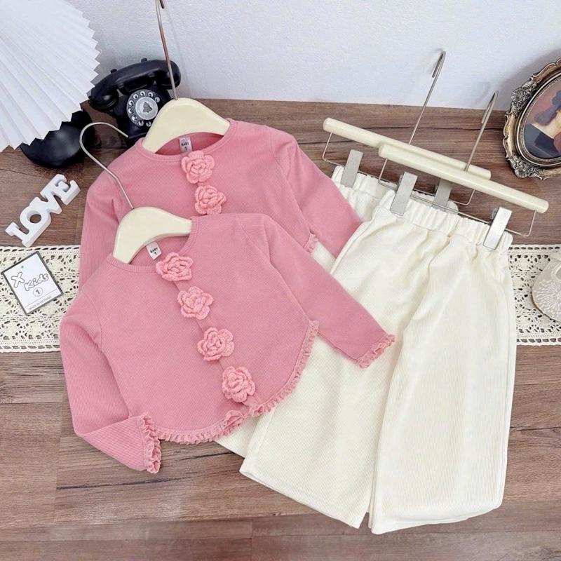 C300- Set áo len tăm hoa hồng xinh đẹp kèm quần len tăm dáng xuông dành cho bé gái 9-32kg