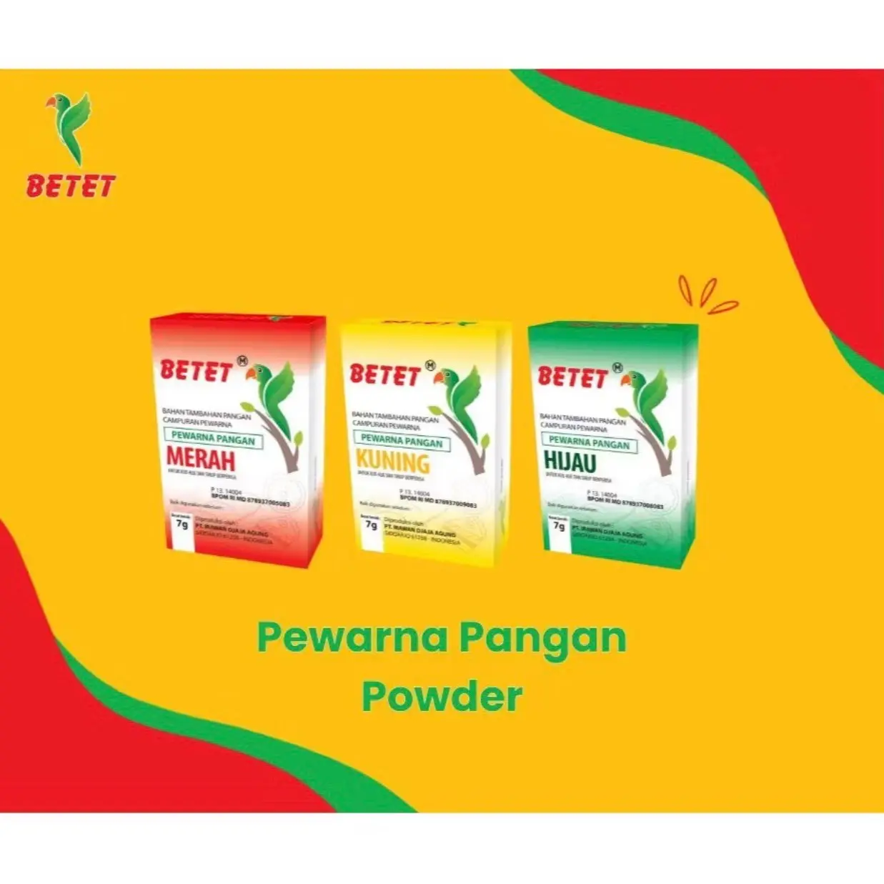 BETET - Pewarna Pangan Bubuk Hijau, Kuning, Merah 7g | Pewarna Makanan BPOM, Halal & Food Grade untuk Kue & Minuman