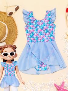 Traje de baño de una pieza para niña con estampado de escamas de sirena, traje de baño lindo con manga corta tipo gorro para vacaciones en la playa, traje de baño infantil para el verano