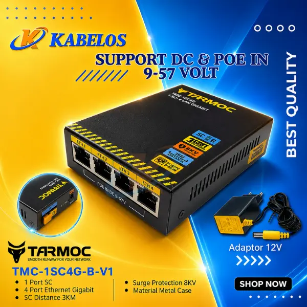Tarmoc TMC-1SC4G-B-V1 | Media Converter Switch 1 FO 4 LAN Gigabit POE IN 9-57 Volt
