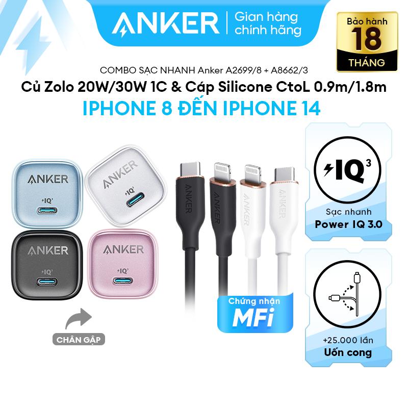 [Combo 20W/30W Củ Zolo & Cáp Silicone] [Dành cho iPhone 8 đến iPhone 14] Combo sạc nhanh Anker 20W/30W - Củ sạc nhanh Anker Zolo GaN 20W/30W 01 cổng USB-C chân gập & Cáp sạc nhanh Anker PowerLine III Flow MFi mềm mịn - A2699/8+A8662/3