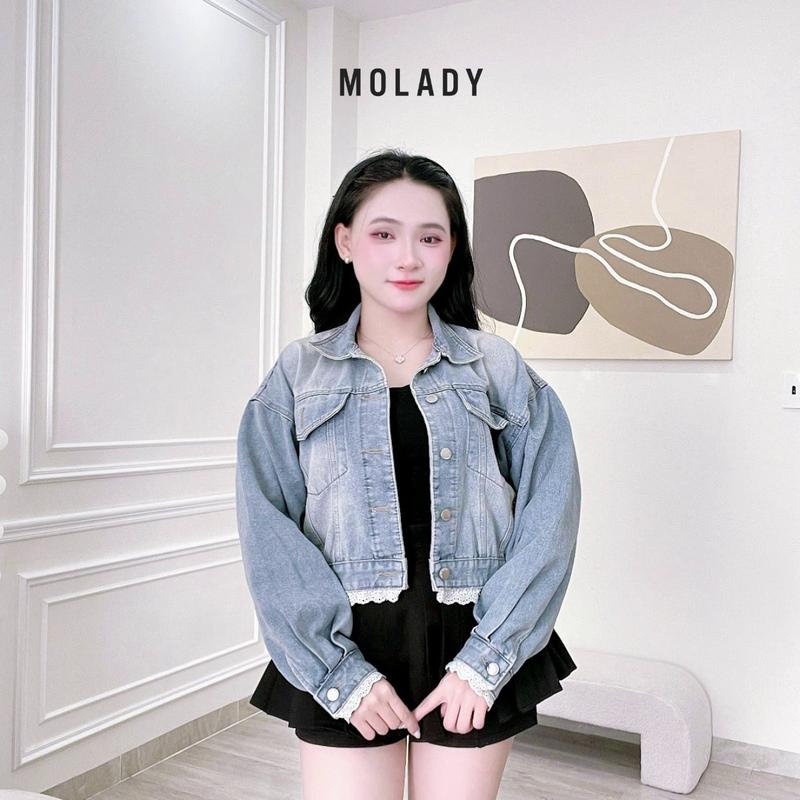  MOLADY - Áo Khoác Jean Form Lửng Tôn Dáng  Phối Ren Trẻ Trung Mix Là Auto Xinh K584 
