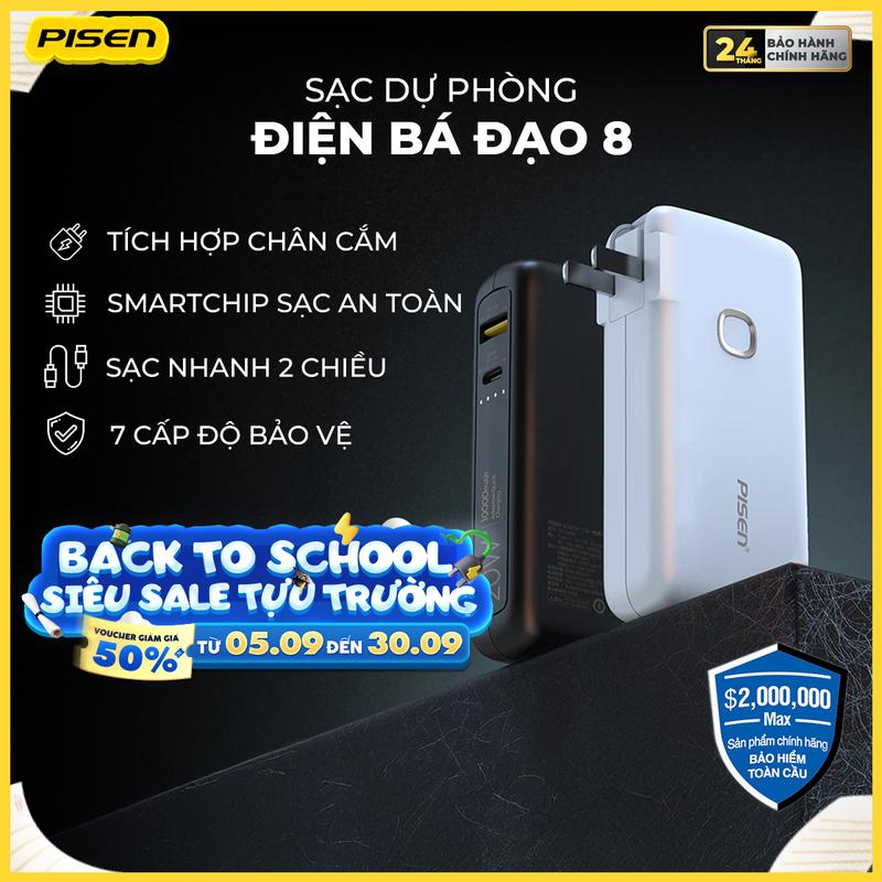 [PISEN] Sạc Dự Phòng Chân Cắm | Smartchip Sạc Nhanh, Bảo Vệ Pin, Tự Ngắt Khi Đầy, Tương Thích Android/IOS | PISEN QUICK - High Power Box 20W 10000mAh | TS-D308 | Bảo Hành 18 Tháng (Kích Hoạt PCARE + 6 Tháng) | Bảo Hiểm 2 Triệu Đô Toàn Cầu Phụ Kiện