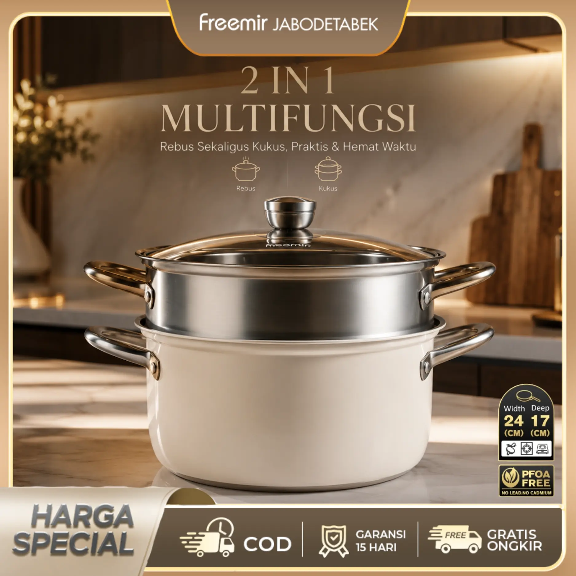 [BRAND] freemir Panci Kukus 2 Tingkat 24cm Wajan Anti Lengket Kukusan Serbaguna Kukus/Rebus/Tumis/Goreng Stainless Steel Peralatan Dapur Kitchenware Premium