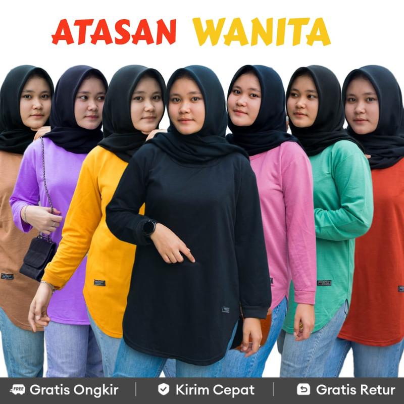 Kaos Polos Wanita Lengan Panjang - RIB Bawah Oval Terkini Sablon Atasan Baju Basic Top Variasi Tangan Oblong Oversize Muslim kaos  lengan  panjang  oval 1
