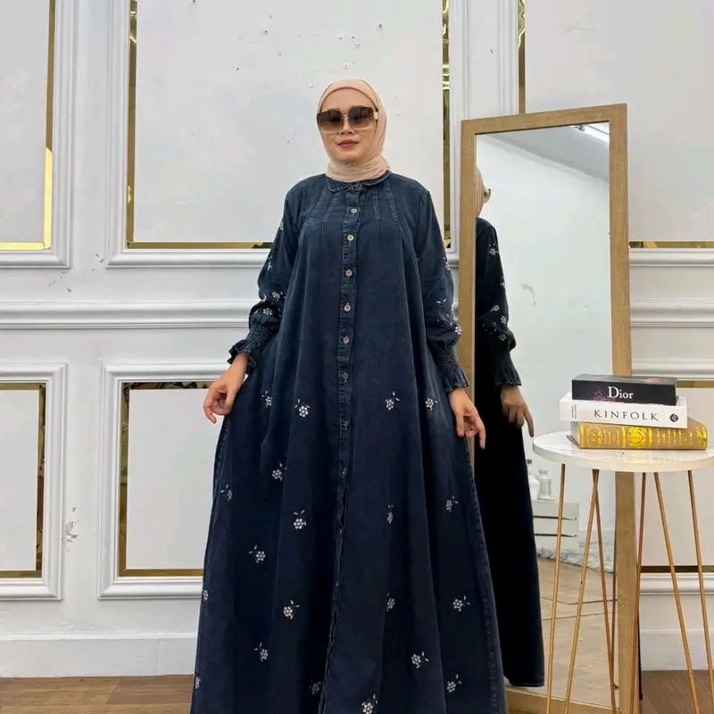 Unic Mode Gamis Midi Dress Soft Jeans Denim Lembut  Nyaman Wanita Dewasa Remaja Casual Variasi Bordir Muslim Remaja Lebaran Kancing Simple Muda Mewah 5