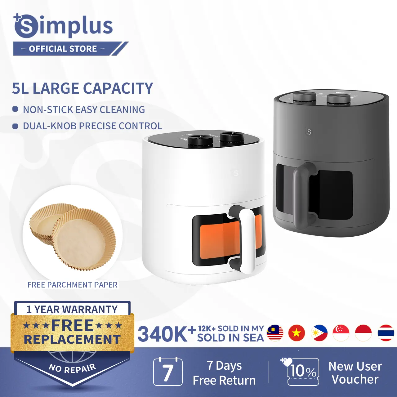 Simplus Air Fryer 5L Knob Control GEN-S Series Capacity Visible Window Air Fryer