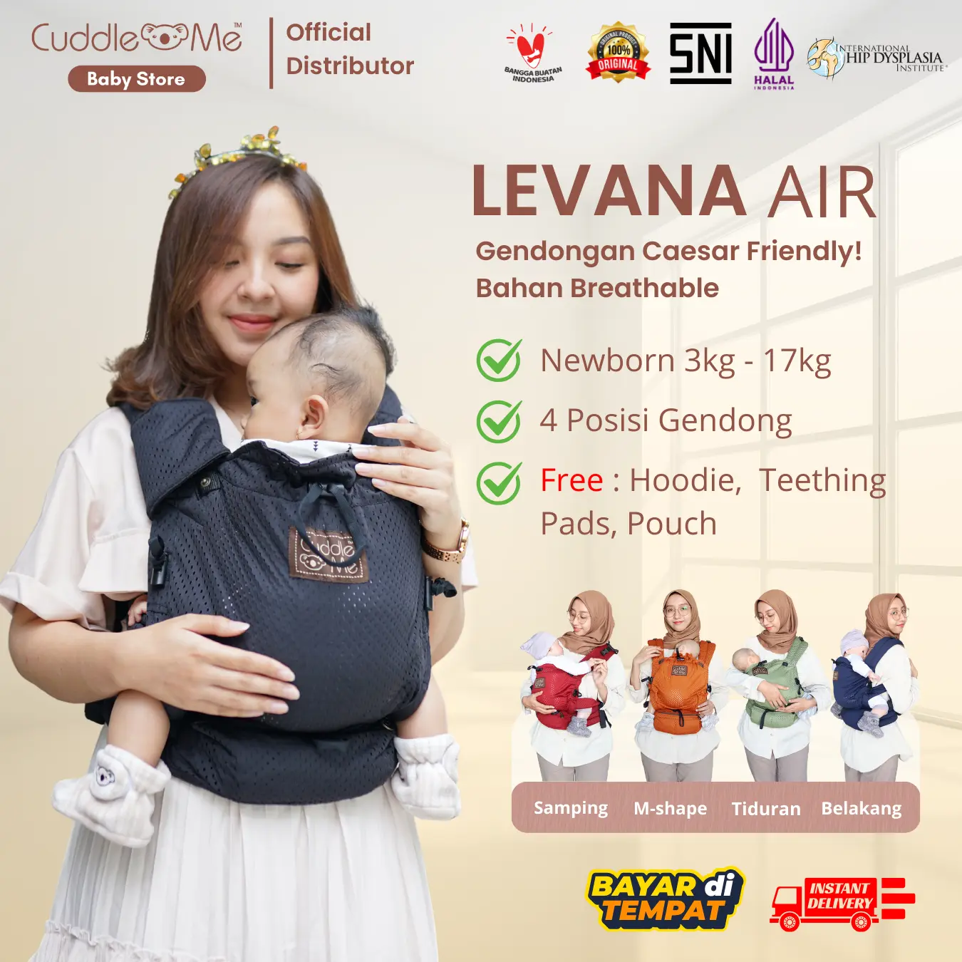 CuddleMe Levana Air Carrier Gendongan SSC Bayi Toddler M-shape SNI Ergonomis Empuk Caesar-Friendly