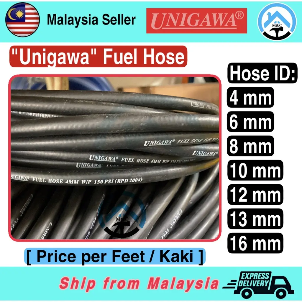 " Unigawa " Fuel Hose [1 Feet] , Oil Hose , Petrol Hose , Diesel Hose 10 Bar 4mm, 6mm, 8mm, 10mm, 12mm, 13mm, 16mm .