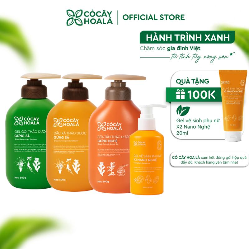 [COMBO MẸ BẦU & MẸ SAU SINH] Combo gội xả Gừng Sả 500g/ Combo & Sữa Tắm Gừng Nghệ 500g & Dung Dịch Vệ Sinh X2 Nano Nghệ 150ml Cỏ Cây Hoa Lá - Tặng Gel x2 Nano nghệ mini 20ml