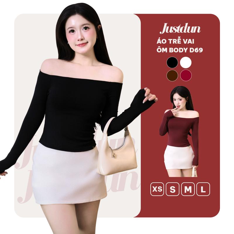 Áo Trễ Vai Tay Dài Nữ JUSTDUN D69 - Ôm Body Basic Cotton Mềm Mịn Tôn Dáng Thoáng Mát Co Giãn