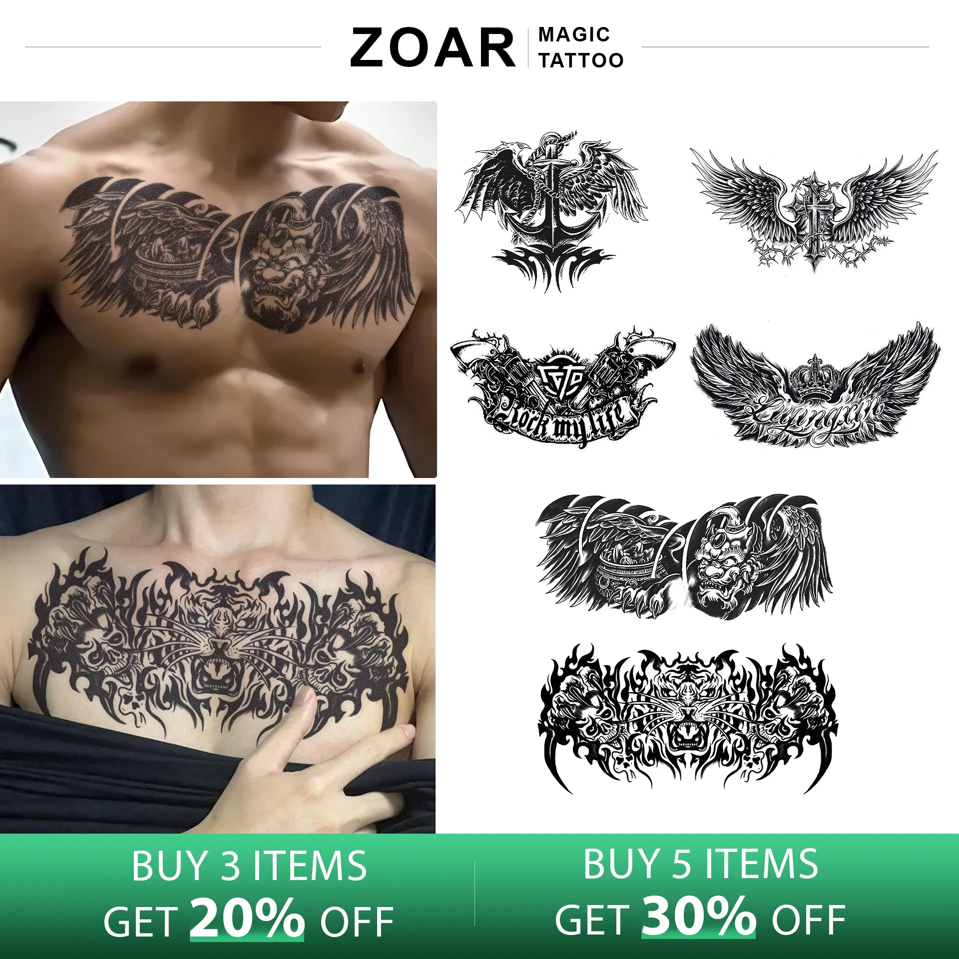 ZOAR-Y34 Stiker Tato Temporary Semi Permanen【Kombinasi bunga dada】Tahan lama Tattoo menempel dekorasi seni untuk pria dan wanita