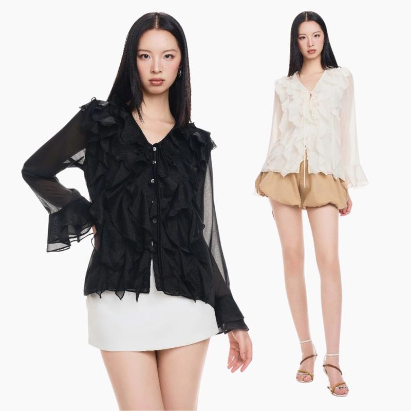 RECHIC Áo Kiểu Charlene dáng sơ mi form rộng tay loe phong cách tiểu thư sang chảnh