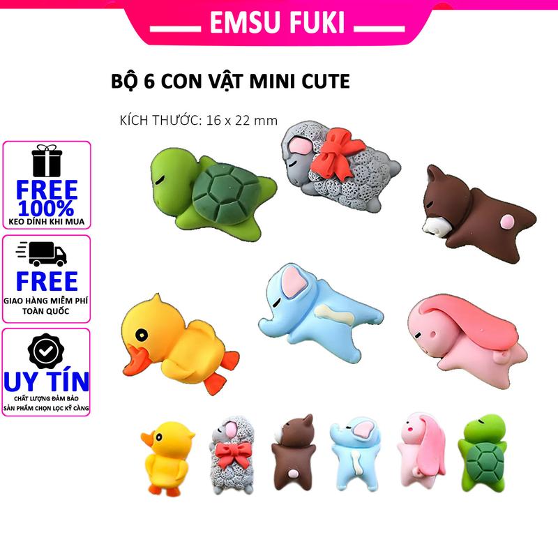 EMSU FUKI Bộ 6 Mô Hình Con Vật Mini Cute Trang Trí Nội Thất Xe Hơi Thỏ Dạ Quang Phát Sáng Kích Thước 16 x 22 mm Có Miếng Dán Kèm