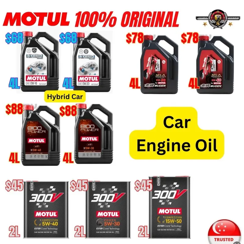 Motul Car Engine Oil  Hybrid 0W16 or 0W20 (4L)/ Mugen 5W30 or 5W40 (4L)/ 800Power 5W30 or 5W40 (4L)/ 300V 5W30 or 5W40 or 15W50 (2L)