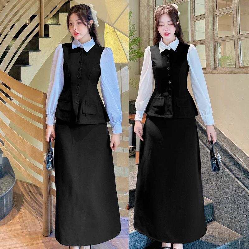  VINTEX 282- TÁCH LẺ  SET ÁO PEPLUM PHỐI CỔ SƠ MI TAY PHỒNG ĐÍNH NÚT KÈM CHÂN VÁY CHỮ A DÁNG DÀI MIDI Phong cách vintage sang trọng phù hợp đi chơi đi làm đi tiệc Size S M L 