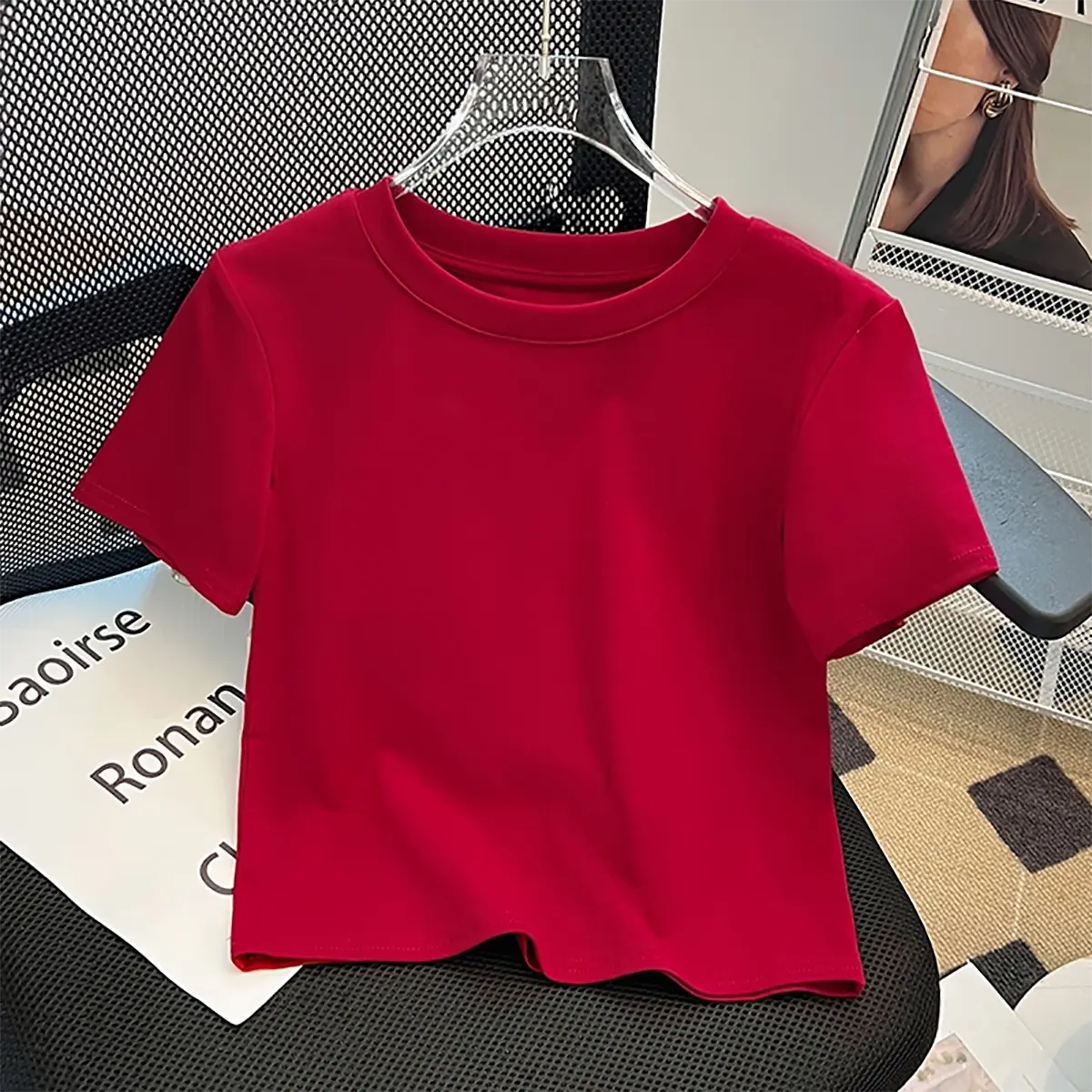 Kaus Pendek Leher Bulat Bergaris Merah Baru Atasan Serbaguna Ketat Seksi Fashion Wanita Gaya Korea Baju Jersey