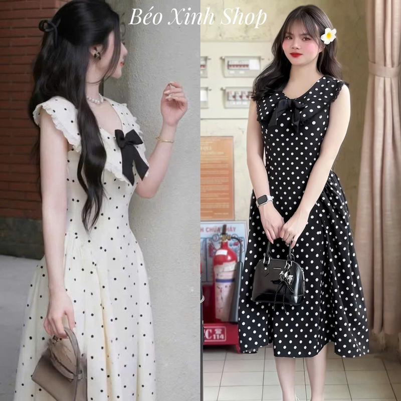 Váy Dự Tiệc Nữ Phối Nơ Cổ Vải Lụa Chấm Bi Cao Cấp Thanh Lịch Bigsize Từ 40 - 90Kg Thời Trang Nữ Béo Xinh Shop - A.1526