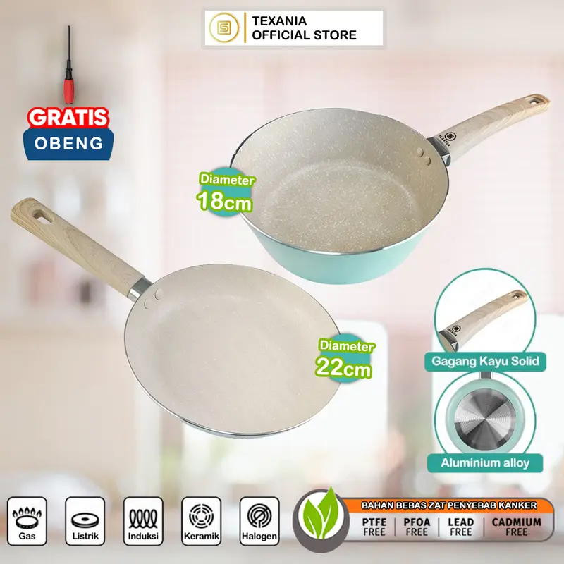 TEXANIA Set Panci Mie Biru Alumunium Anti Lengket 18cm - Frypan Biru Alumunium Anti Lengket 22cm Gagang Motif Kayu Lembut Stainless Bottom Free Obeng Kitchenware 0