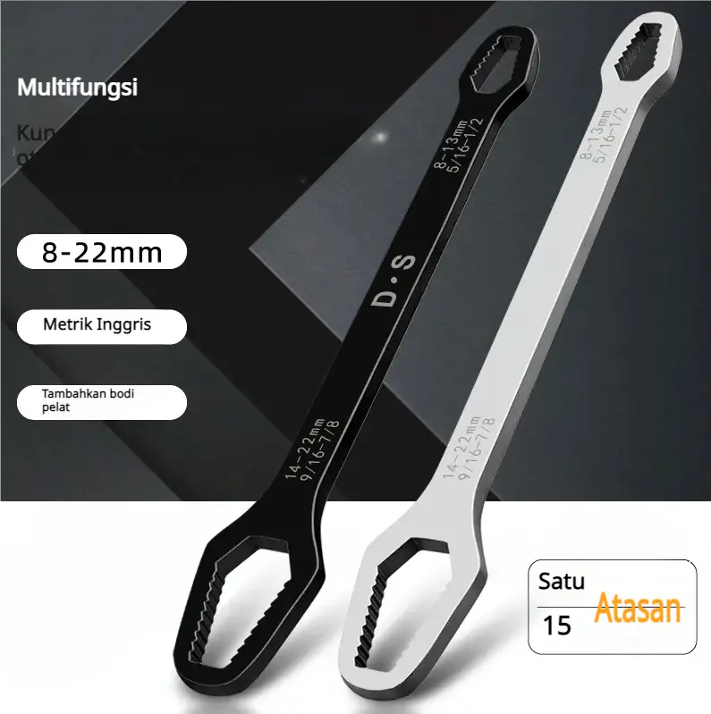 Kunci pas multifungsi yang dapat disetel, kunci pas kotak, set kunci pas pengencang otomatis ujung ganda serbaguna, 8-22mm.
