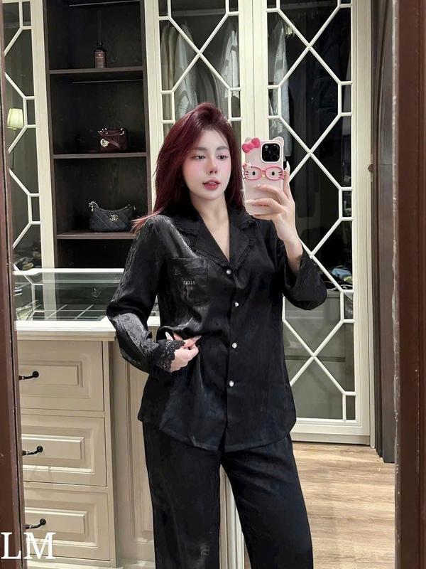 N458- Pijama dài tay lua gấm trơn phối viền ren cúc ngọc 2 màu lucky cho nữ - Bộ ngủ mặc nhà hàng quảng châu cao cấp
