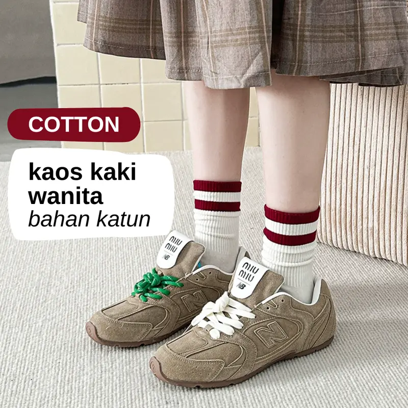M1130 Kaos Kaki Oldschool Motif Garis 2 & garis 3 wanita panjang warna red merah white putih gaya vintage retro premium Women socks 7