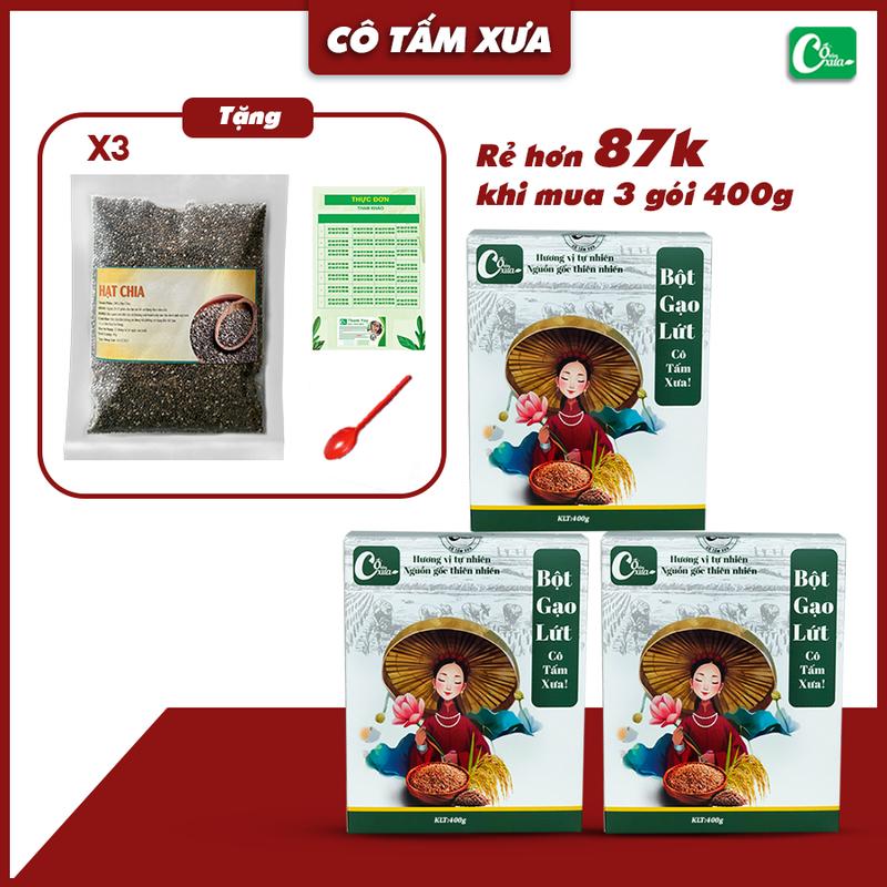  3 Hộp Bột Gạo Lứt Cô Tấm Xưa Túi 400gr   tặng 3 gói hạt chia   