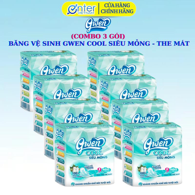 (combo 8 gói) Băng vệ sinh GWEN Cool 9 miếng, BVS Ban Ngày Có Cánh 24cm, MẶT VẢI Mềm Mại, Bạc Hà Mát Lạnh, Trà Xanh Khử Mùi Nữ Tampon