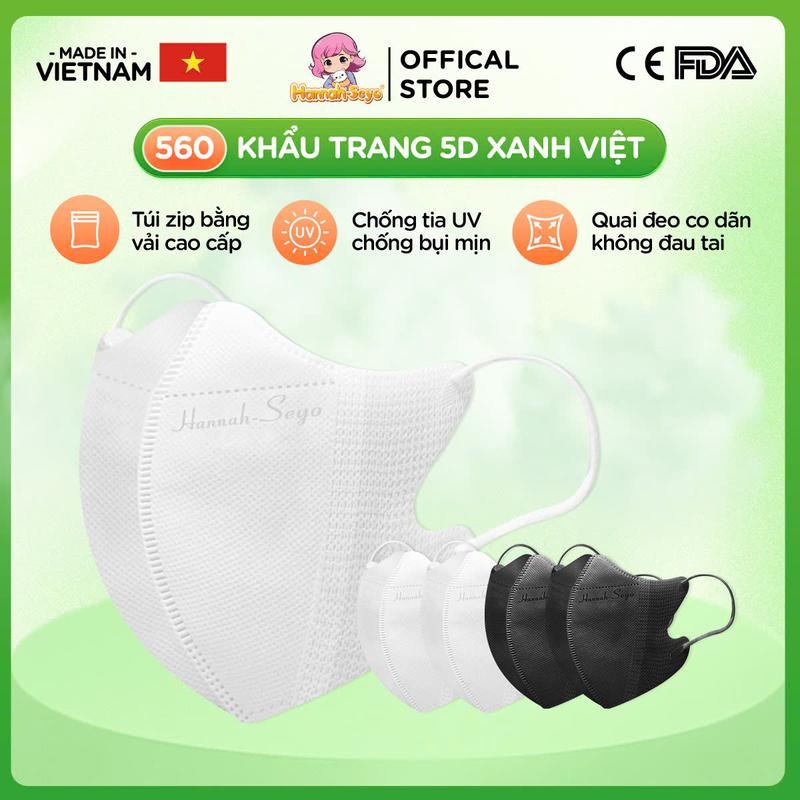 [COMBO TIẾT KIỆM HƠN] Thùng 500c/560c Khẩu Trang 5D Xanh Việt Hannah Seyo - Khẩu Trang Chống Tia UV, Bụi Mịn 3 Lớp Vải Không Dệt Cao Cấp -  KT560