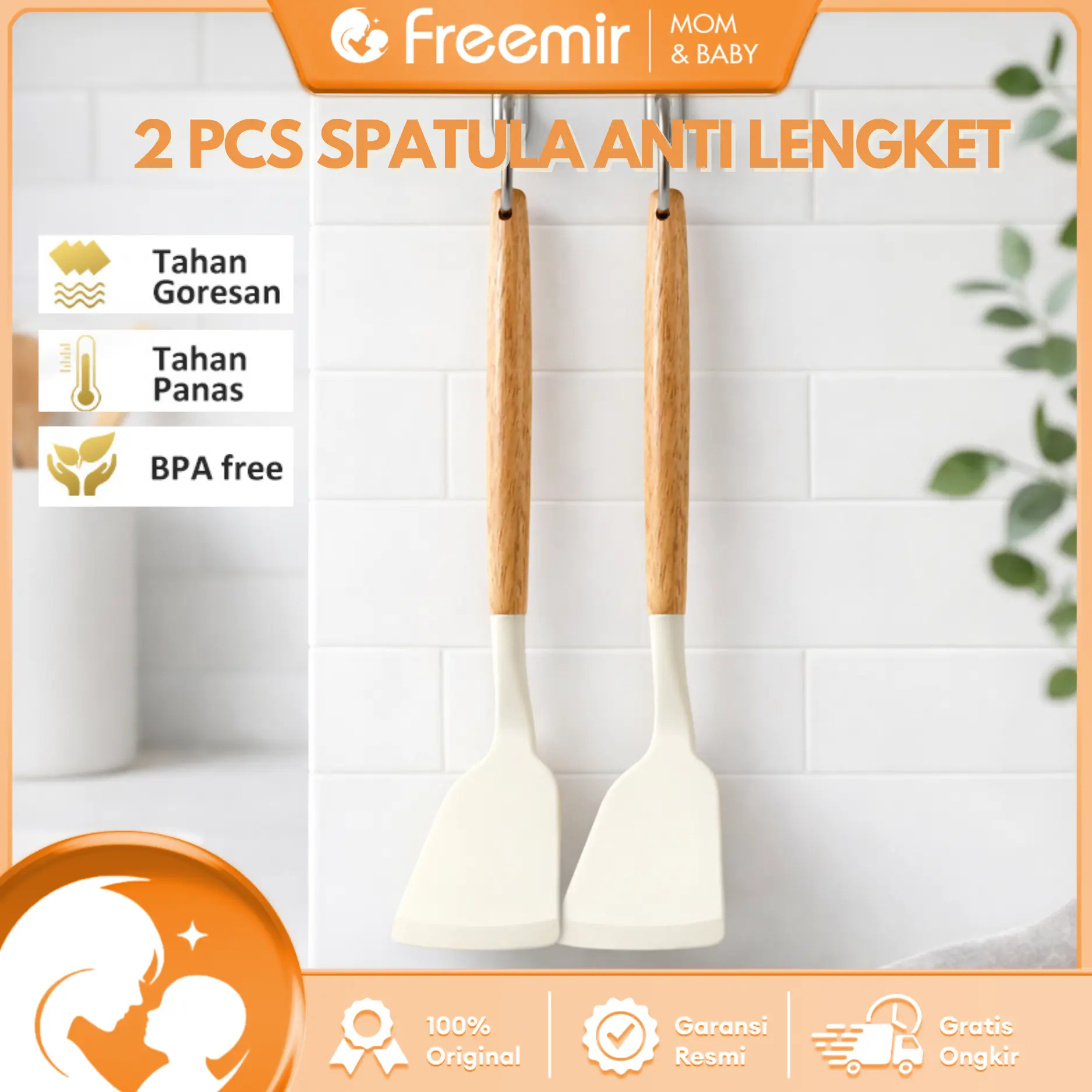 [MPASI Bayi] freemir Set Spatula 2 Pcs Silicone Gagang Kayu Tahan Panas 230°C Anti Leleh Anti Gores Wajan Food Grade Lebih Sehat dan Awet Kitchenware Dapur Premium Beige Estetik