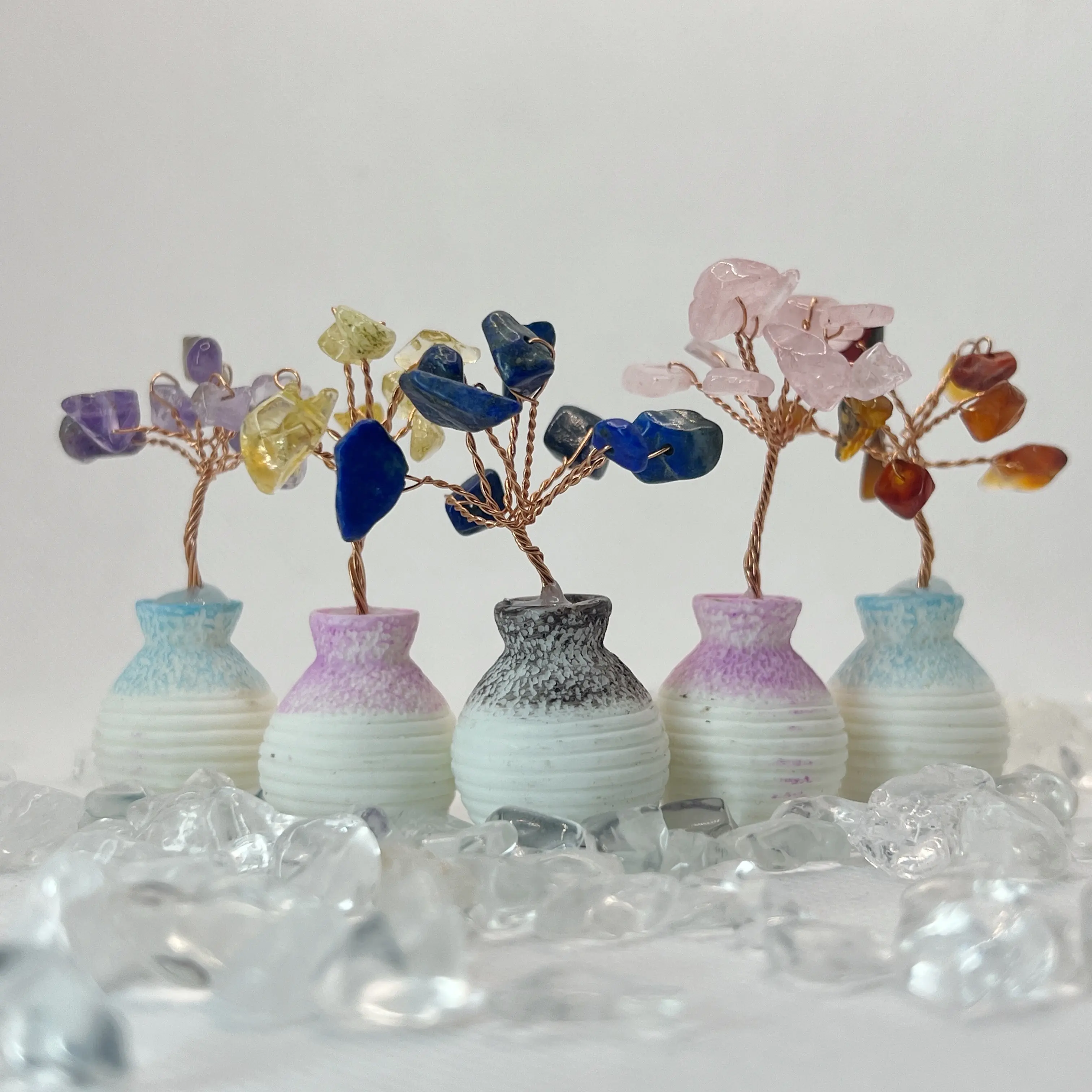 【OwniCrystals】Cute Mini crystal tree in a vase Ornaments natural Citrine Rose quartz Amethyst Gemstone decoration for car table display